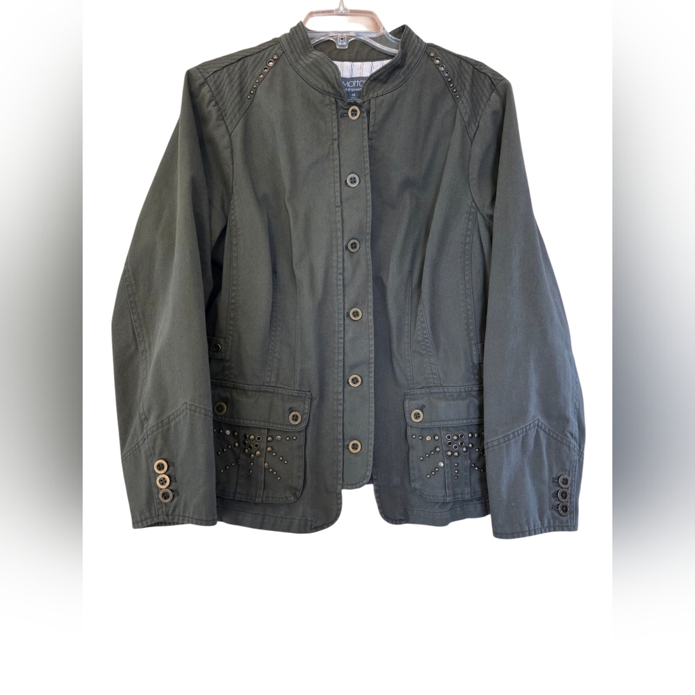 VTG Motto Olive Green Jacket Denim Unique Dramatic Brass Rivets Plus Size 1X